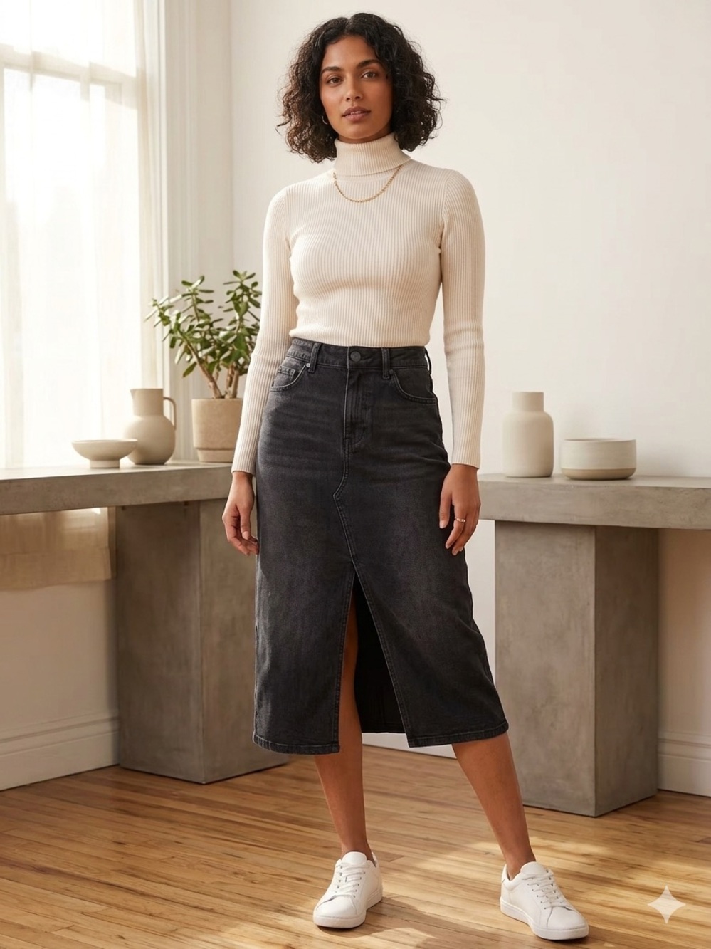 LoveGen Black Denim Midi Skirt High Rise Front Slit Minimalist Capsule Wardrobe